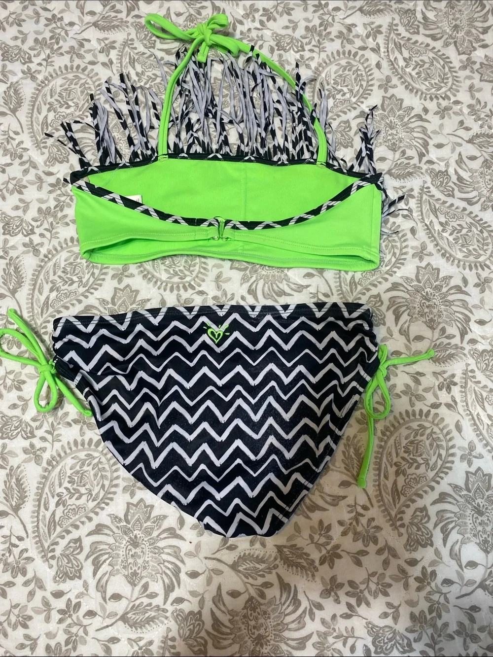 Justice Neon Green & Black Zigzag Fringe Two-Piece Bikini